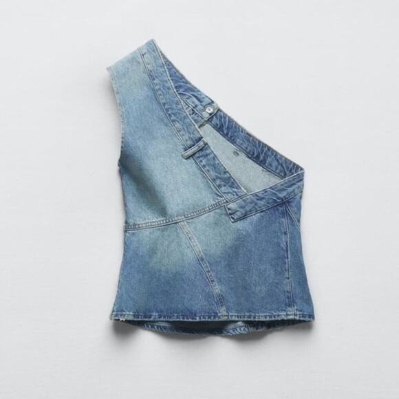 Zara Blue ZW ASYMMETRIC DENIM TOP Size Small - Picture 10 of 10
